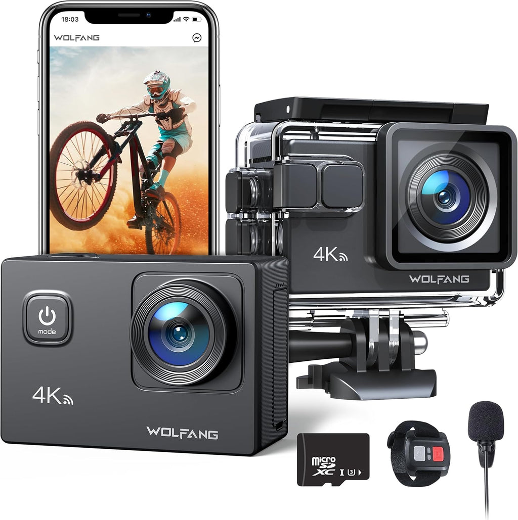 WOLFANG Cámara Deportiva 4K 30FPS GA100 con 32GB MicroSD 20MP GRADO A